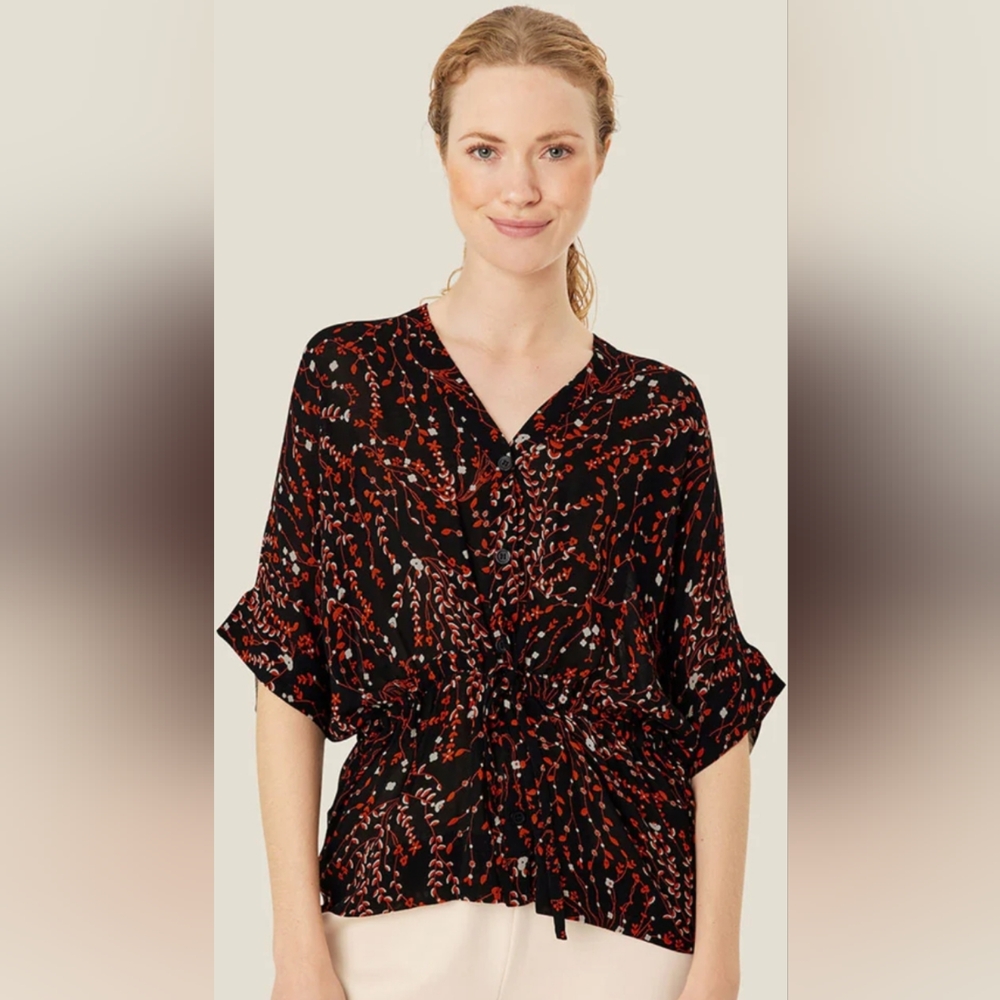 Masai Copenhagen: Black and Red Cuffed Sleeve Blouse with Mandarin Collar